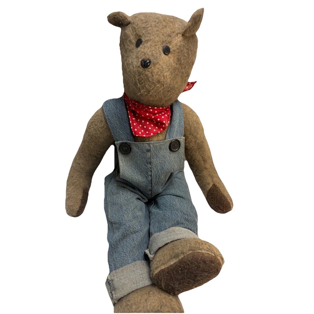 Handmade Primitive Teddy Bear Wool Denim Overalls Red Polka Dot Bandana Folk Art